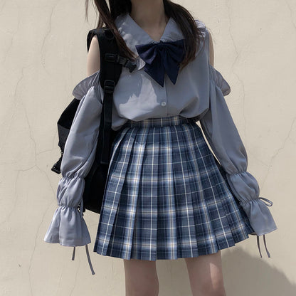 Blue Peterpan Collar Bow Lantern Long Sleeve Shirt