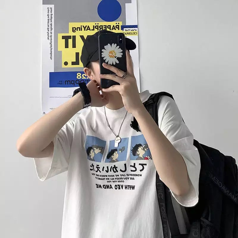 Cute Anime Boy Print Cartoon Oversized Loose Short Sleeve Shirt T-shirt Top Tee Summer Casual E-Girl Kawaii Korean Japanese Harajuku Streetwear
