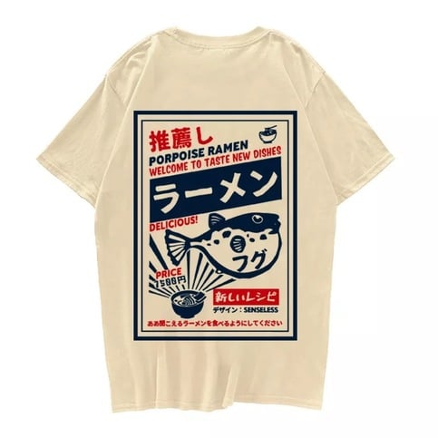 Puffer Fish Ramen Sushi Graphic Cartoon Print Loose Oversized Short Sleeve T-shirt Top Summer Causal E-Girl Kawaii Korean Japanese Harajuku Streetwear