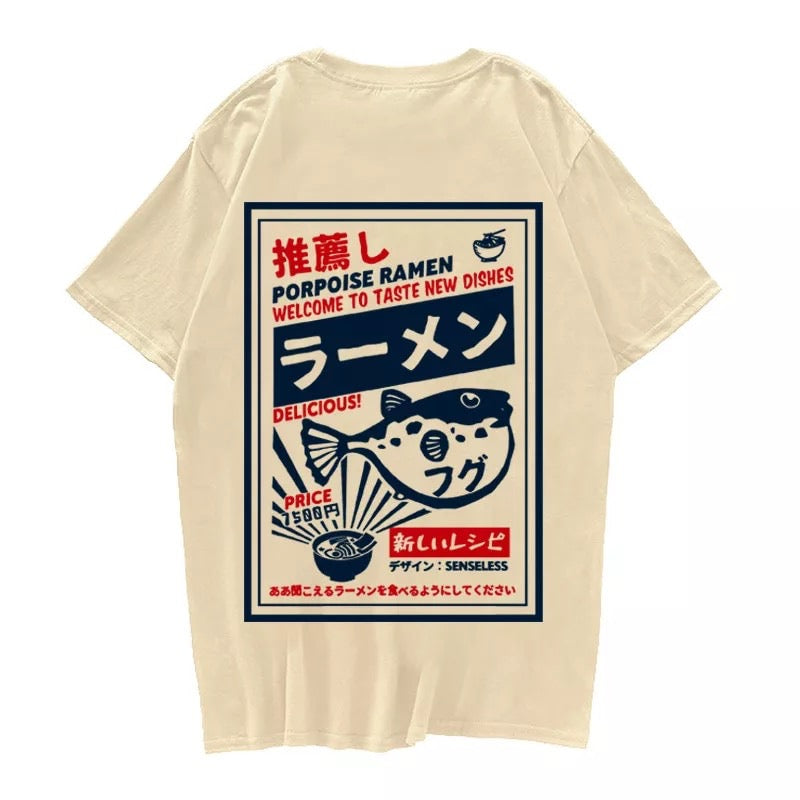 Puffer Fish Ramen Sushi Graphic Cartoon Print Loose Oversized Short Sleeve T-shirt Top Summer Causal E-Girl Kawaii Korean Japanese Harajuku Streetwear