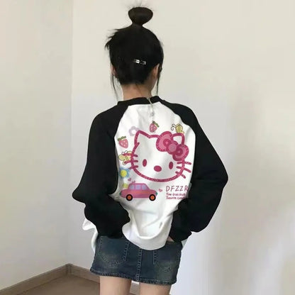 Kitty Cat Anime Cartoon Patchwork Long Sleeve T-shirt