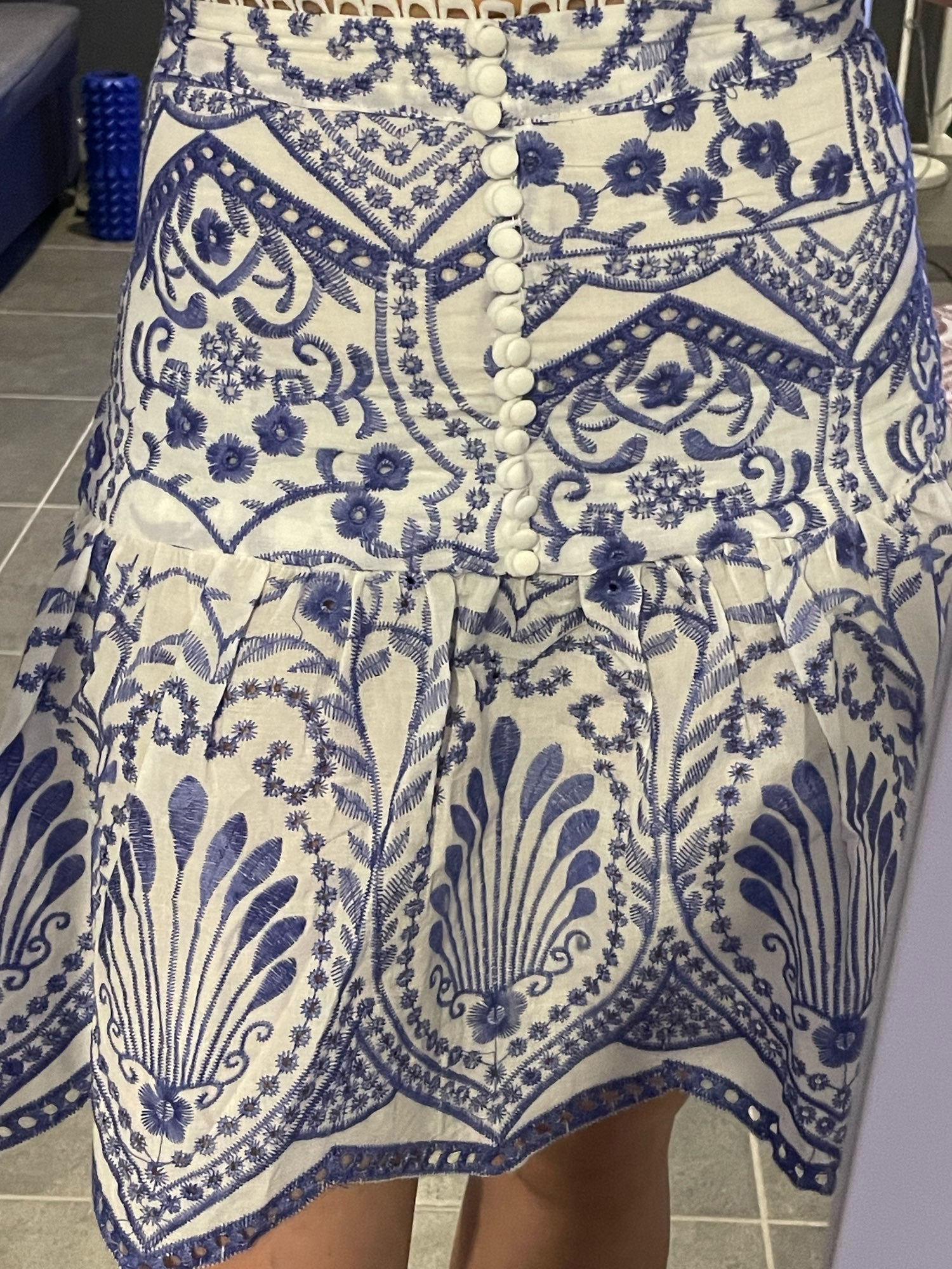 Blue Flower Embroidery Pleated Mini Skirt