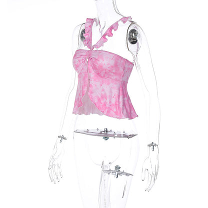 Pink Tie Dye V Neck Ruffle Crop Top
