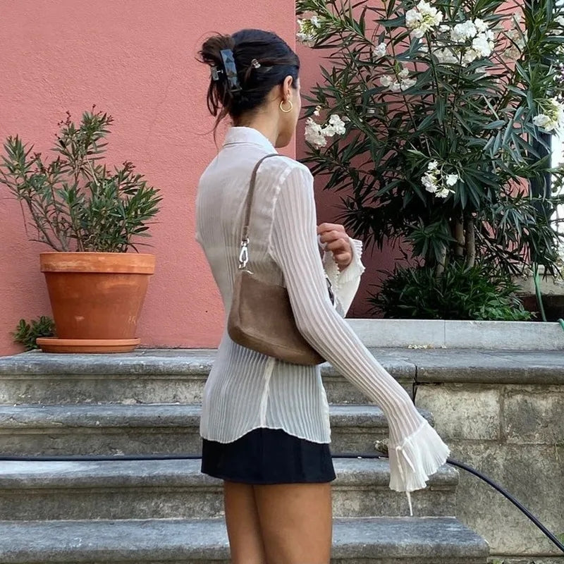 White Button Down Long Sleeve Flare Blouse