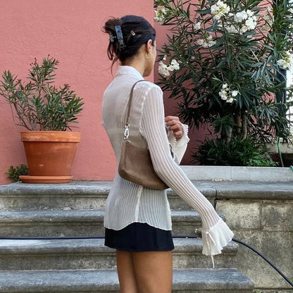 White Button Down Long Sleeve Flare Blouse