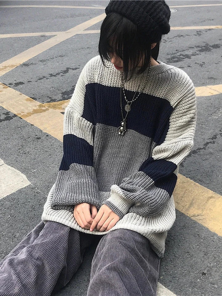 Grey Stripe Patchwork Sweater