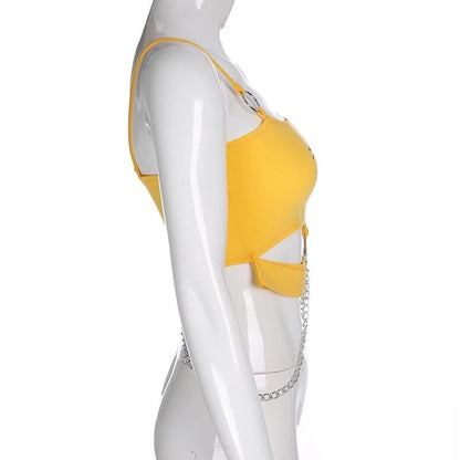 Sexy Yellow Rebel Letter Print Biker Punk Goth Hallow Out Metal Chain Crop Top Tank E-Girl Kawaii Korean Japanese Harajuku Retro Streetwear