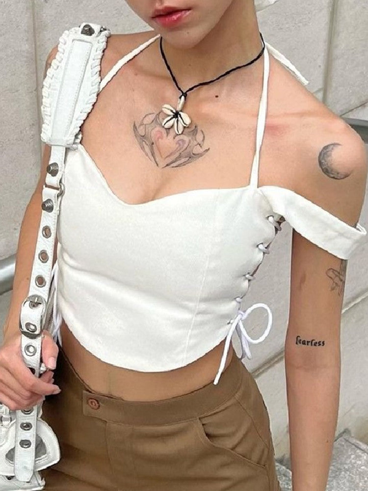 White V Neck Side Tie Up Crop Top