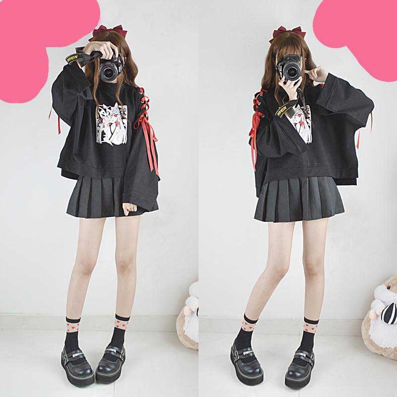 Cute Vintage Anime Fox Print Lace Up Long Sleeve Shirt Hoodie Sweatshirt Top Punk Goth E-Girl Kawaii Korean Japanese Harajuku Streetwear
