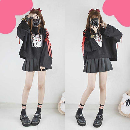 Cute Vintage Anime Fox Print Lace Up Long Sleeve Shirt Hoodie Sweatshirt Top Punk Goth E-Girl Kawaii Korean Japanese Harajuku Streetwear