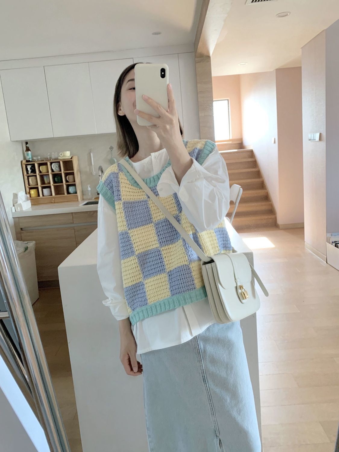 Blue & Yellow Checkered Crochet Sweater Vest