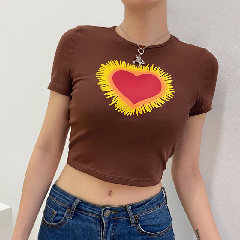 Heart Cartoon Print Short Sleeve Tee Shirt T-shirt Top Retro Vintage Causal Summer E-Girl Kawaii Korean Japanese Harajuku Streetwear