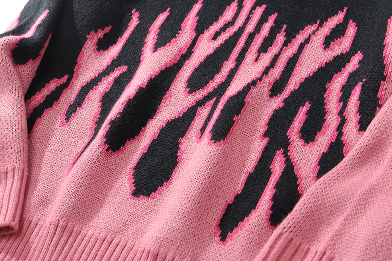Black Pink Vintage Fire Flames Loose Oversized Long Sleeve Knit Sweatshirt Sweater Pullover Jumper E-Girl Kawaii Korean Japanese Harajuku Streetwear