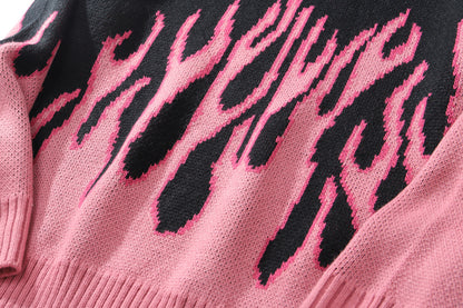 Black Pink Vintage Fire Flames Loose Oversized Long Sleeve Knit Sweatshirt Sweater Pullover Jumper E-Girl Kawaii Korean Japanese Harajuku Streetwear
