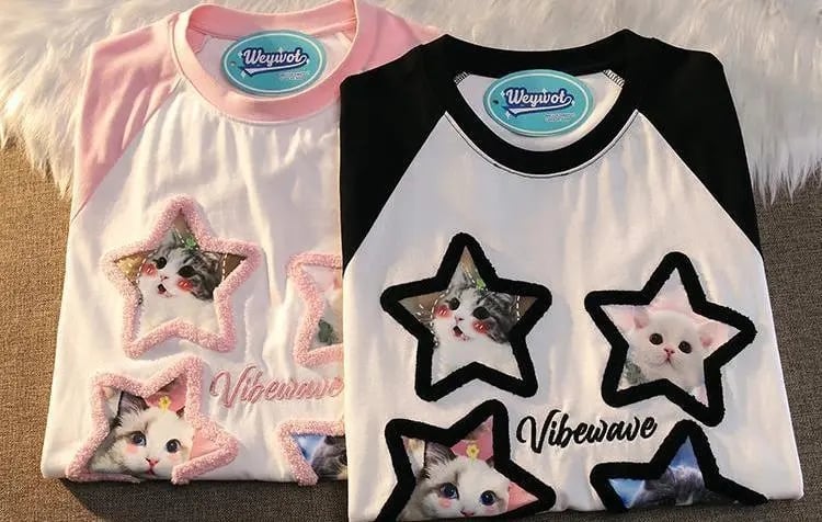 Pink Kawaii Cat Patchwork Short Sleeve T-shirt