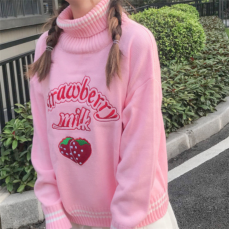 Cute Pastel Pink Strawberry Milk Turtleneck Knit Sweater Sweatshirt Jumper Long Sleeve Pullover E-Girl Kawaii Korean Japanese Harajuku Streetwear
