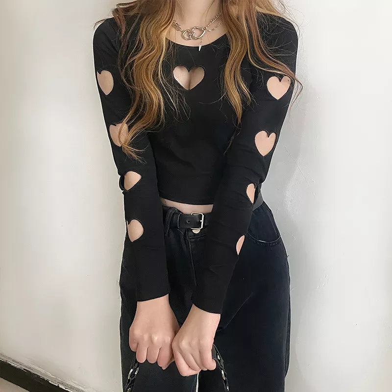 Black Heart Hollow Out Long Sleeve Shirt