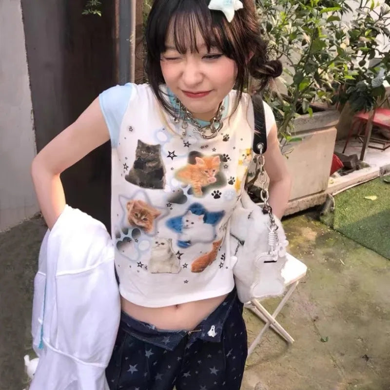 Cat Print Patchwork Short Sleeve T-shirt