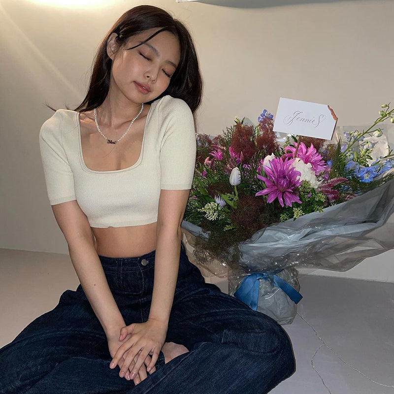 Beige Square Neck Crop Top