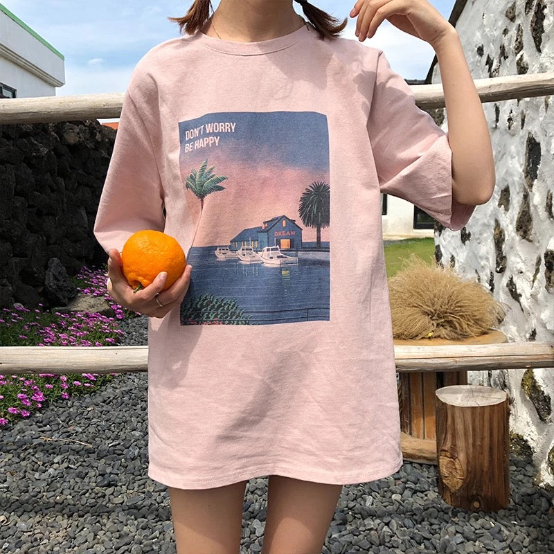 Cute Vintage Pastel Summer Beach Art Print Short Sleeve Tee Shirt T-shirt Top Oversized Loose Causal E-Girl Kawaii Korean Japanese Harajuku Streetwear