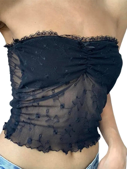 Black Flower Embroidery Lace Tube Top
