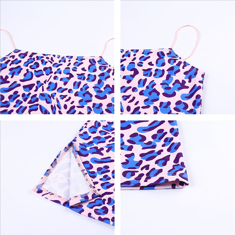 Cute Purple Leopard Spaghetti Strap Backless Mini Dress Party E-Girl Kawaii Korean Japanese Harajuku Chinese Retro Streetwear Aesthetic
