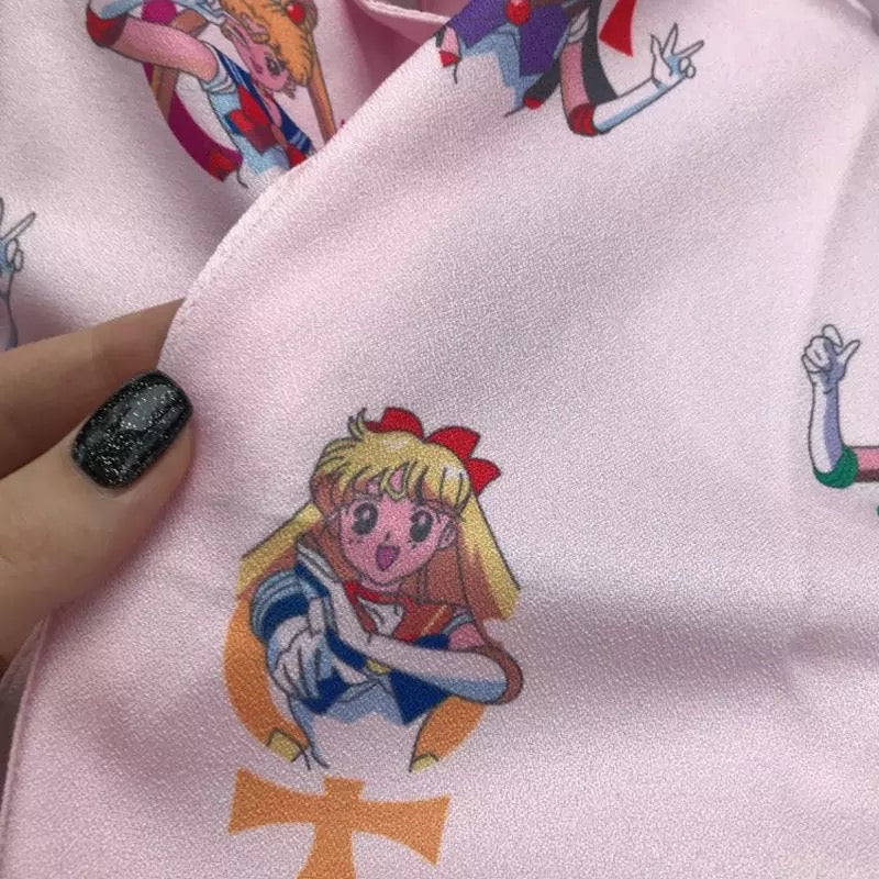 Pastel Anime Girl Japanese Print Cartoon Button Down Short Sleeve Shirt