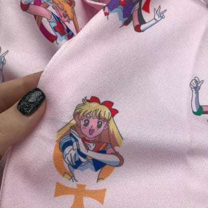 Pastel Anime Girl Japanese Print Cartoon Button Down Short Sleeve Shirt