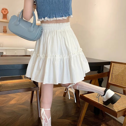 Cute White Ruffles Patchwork High Waist Mini Skirt Fairycore Pleated Preppy Aesthetic Casual Summer E-Girl Kawaii Korean Japanese Harajuku