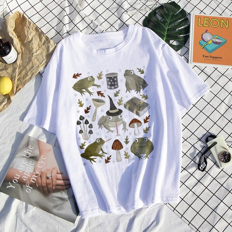Cute Frog Magic Mushroom Witchcraft Print Short Sleeve T- Shirt Top Aesthetic Casual Summer E-Girl Kawaii Korean Japanese Harajuku