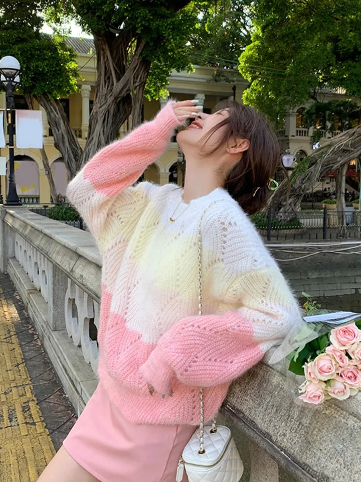 Pink Ombre Hollow Out Sweater