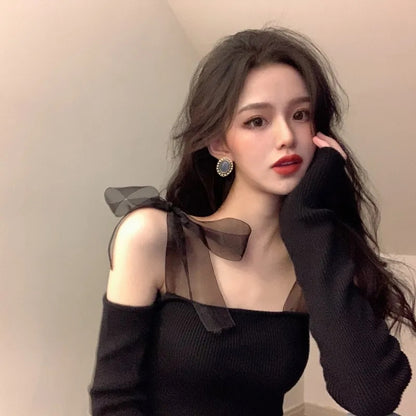 Black Bow Off Shoulder Mesh Sweater
