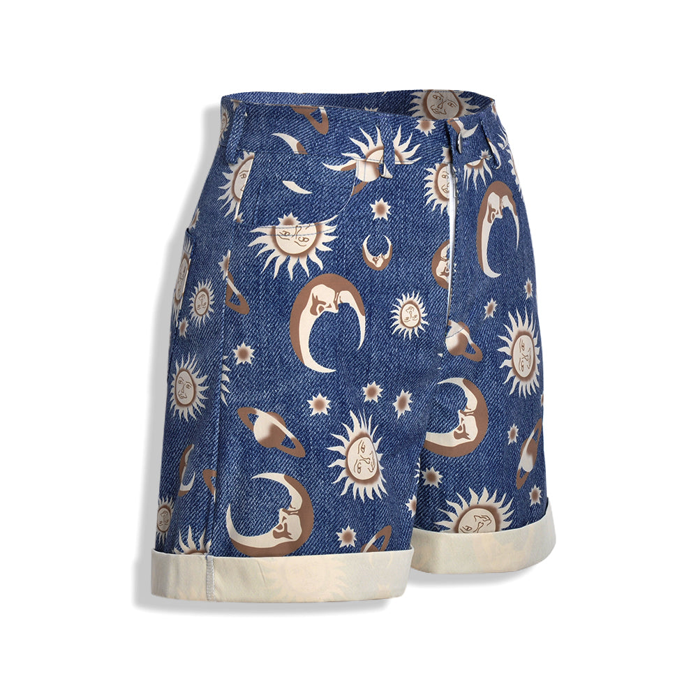 Cute Sun Moon Star Planet Pattern Loose Denim Shorts Bottom E-Girl Kawaii Korean Japanese Harajuku Chinese Retro Streetwear Aesthetic
