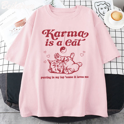 Karma Cat Print Short Sleeve T-shirt