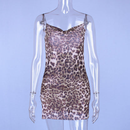 Leopard Print Spaghetti Strap Slit Mesh Mini Dress Summee Party Club E-Girl Kawaii Korean Japanese Harajuku Streetwear