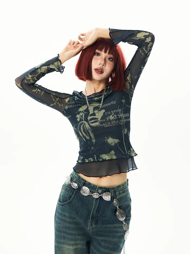 Butterfly Print Mesh Long Sleeve Shirt