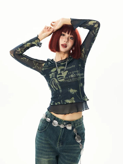 Butterfly Print Mesh Long Sleeve Shirt