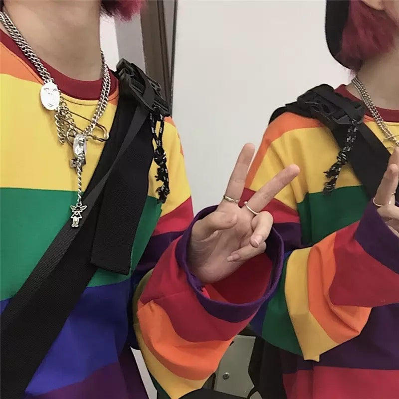Colorful Rainbow Striped Oversize Loose Long Sleeve Shirt Top T-shirt O Neck Casual E-Girl Kawaii Korean Japanese Harajuku Streetwear