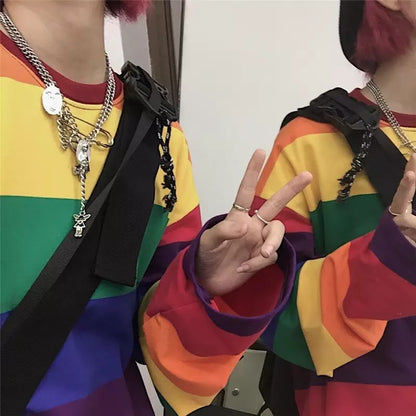 Colorful Rainbow Striped Oversize Loose Long Sleeve Shirt Top T-shirt O Neck Casual E-Girl Kawaii Korean Japanese Harajuku Streetwear