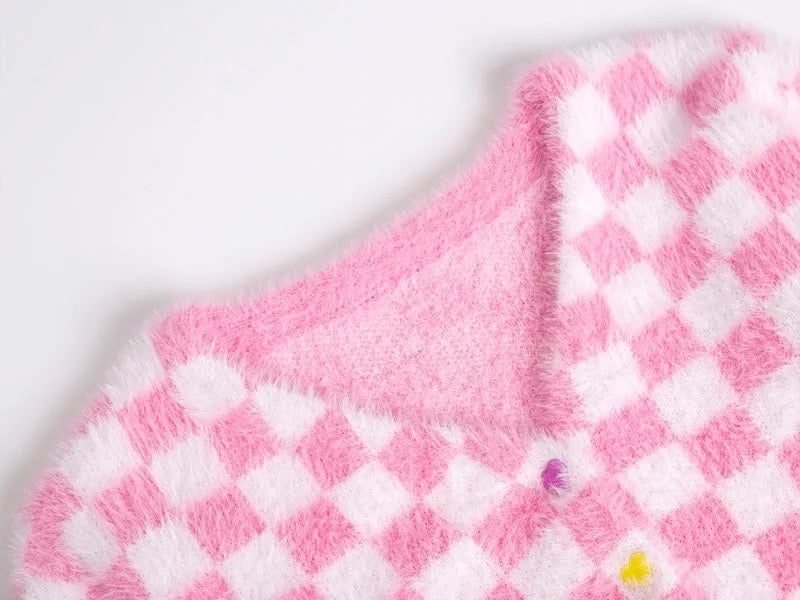 Cute Plaid Checkered Crop Sweater Cardigan Top Long Sleeve Knit E-Girl Kawaii Korean Japanese Harajuku Chinese Retro Streetwear Aesthetic
