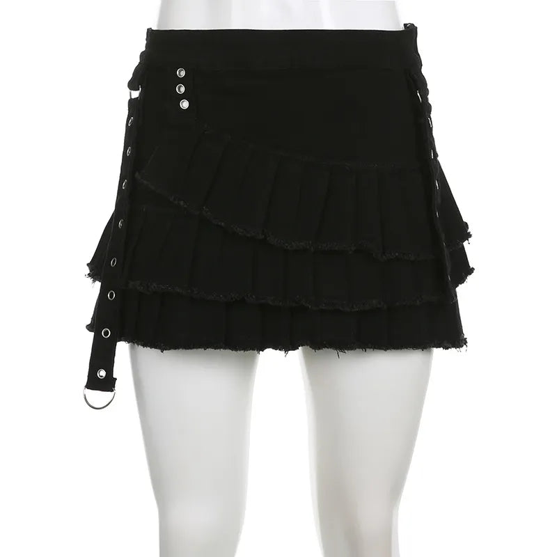 Black Denim Pleated Low Waist Irregular Mini Skirt