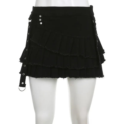 Black Denim Pleated Low Waist Irregular Mini Skirt
