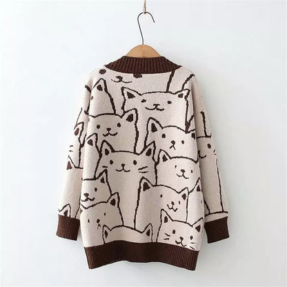 Cat Print V Neck Sweater