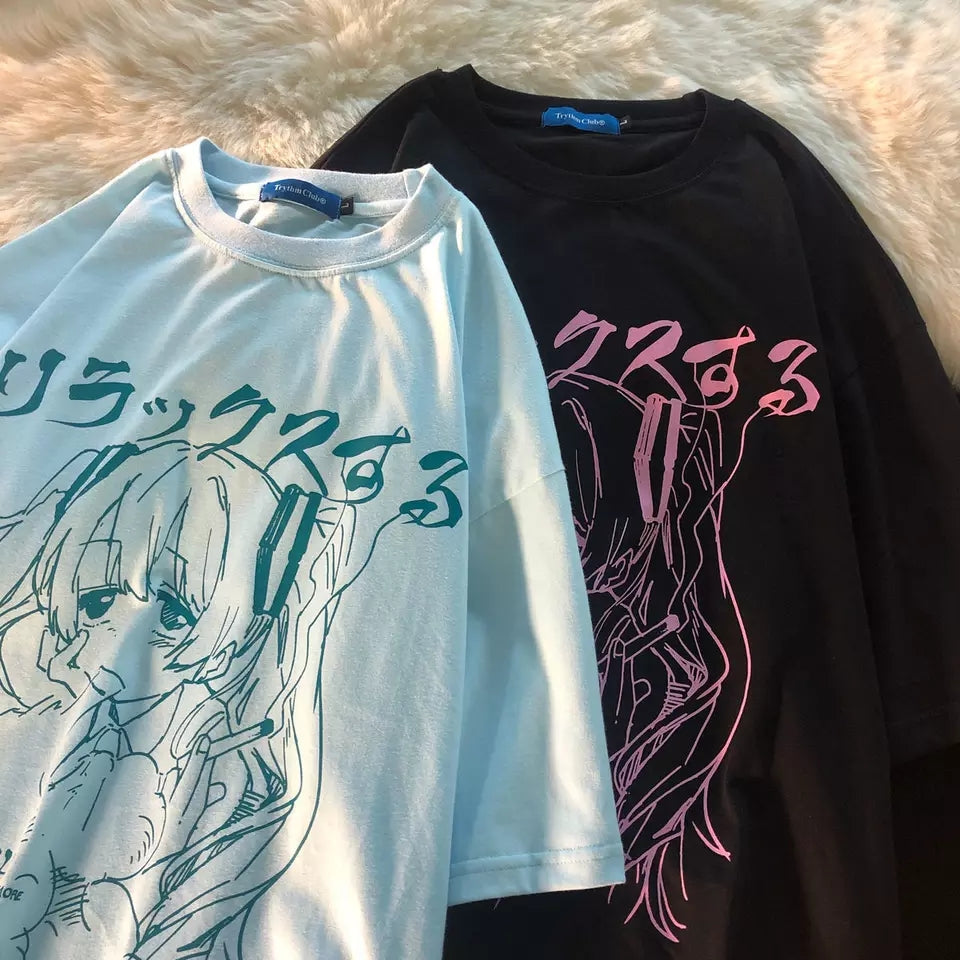 Cute Sad Anime Girl Cartoon Print Short Sleeve T-shirt Loose Punk Goth Aesthetic Casual Summer E-Girl Kawaii Korean Japanese Harajuku