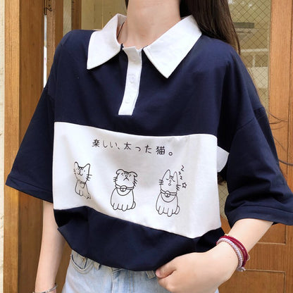 Cute Cat Dog Animal Print College Loose Baggy Short Sleeve Shirt T-shirt Top Summer Casual E-Girl Kawaii Korean Japanese Harajuku Streetwear