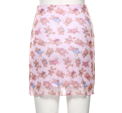 Cute Pink Bear Cartoon 90s Vintage Print Mesh Sheer Mini Skirt Bottom E-Girl Kawaii Korean Japanese Harajuku Retro Streetwear Fashion