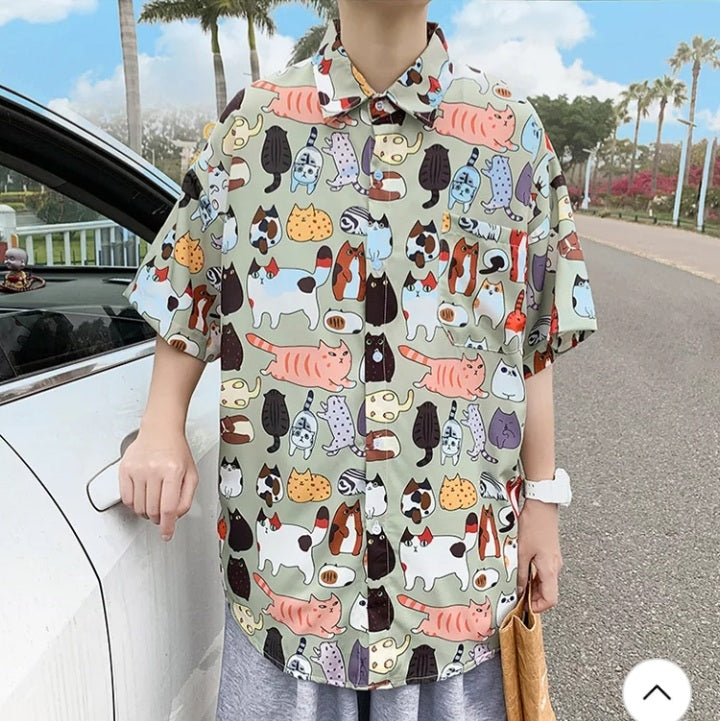Cute Vintage Unisex Cat Cartoon Print Loose Short Sleeve Shirt Button Up Aesthetic Casual Summer E-Girl Kawaii Korean Japanese Harajuku