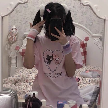 Cute Pastel Pink Anime Cartoon Print Rabbit Letter Short Sleeve Shirt T-shirt Top E-Girl Kawaii Korean Japanese Harajuku Streetwear