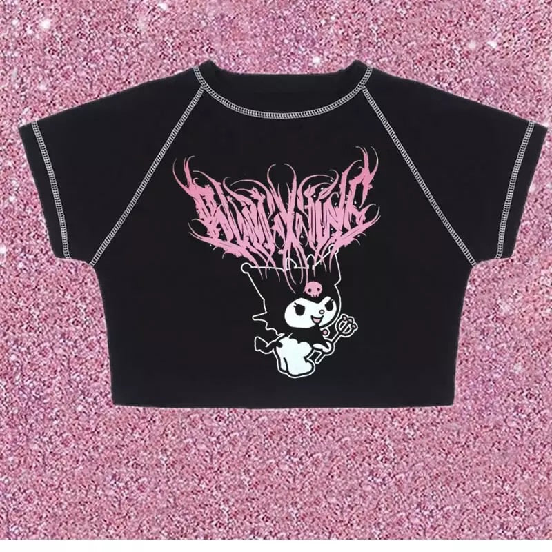 Black Japanese Anime Cartoon Print Crop Top Short Sleeve Shirt T-shirt