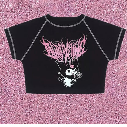 Black Japanese Anime Cartoon Print Crop Top Short Sleeve Shirt T-shirt